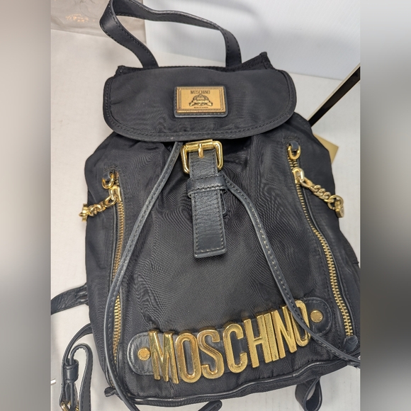 MOSCHINO Black Nylon Leather Trim Backpack Gold-tone Logo - Picture 2 of 14
